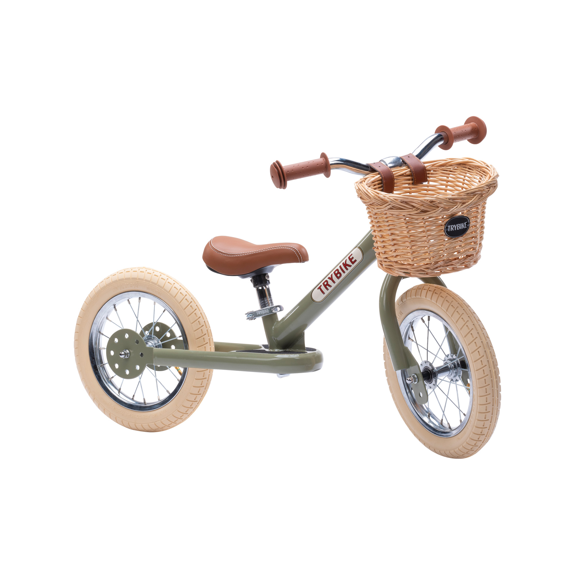 Draisienne évolutive kaki avec panier tricycle trybike