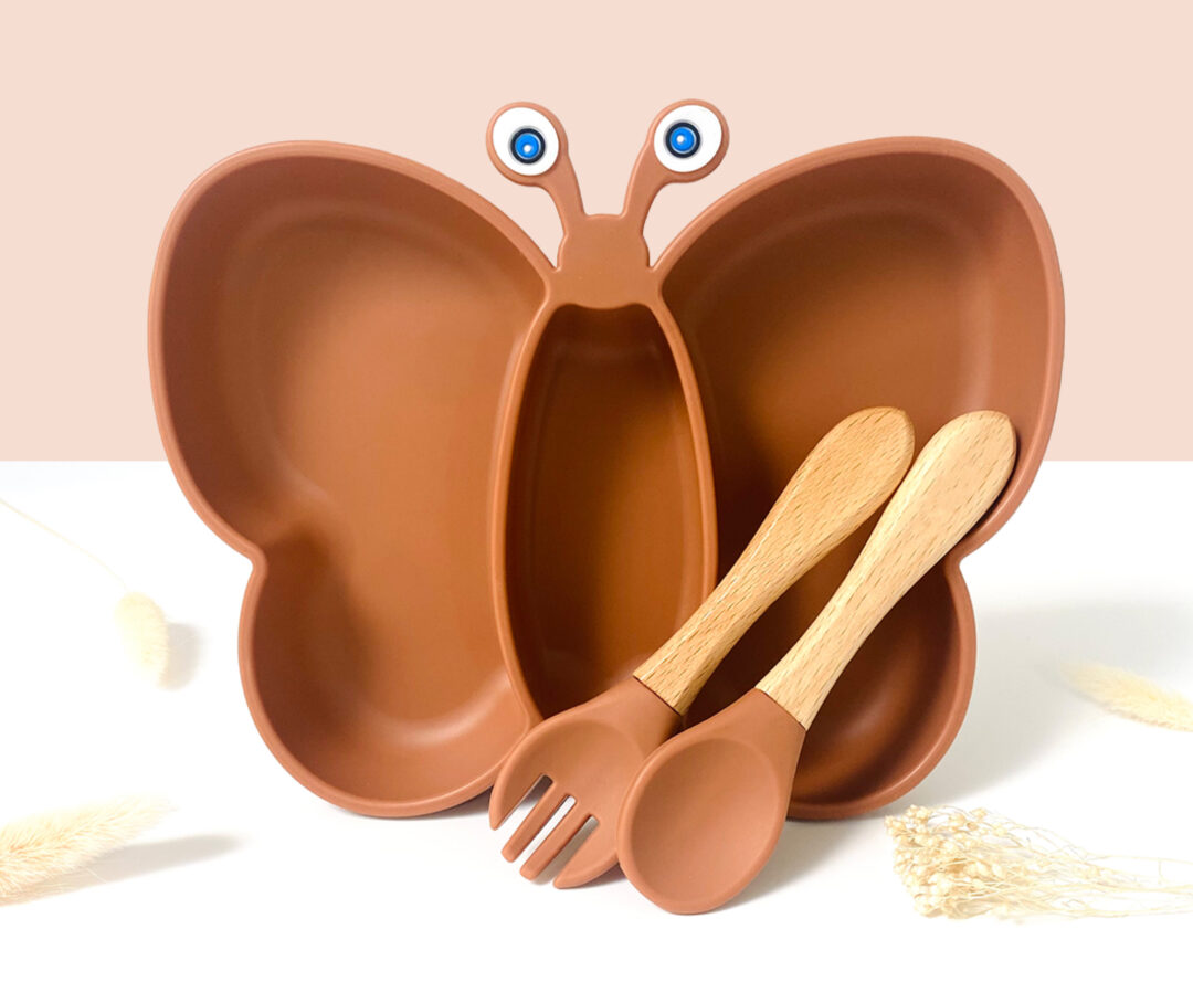 assiette papillon set repas ocre assiette avec ventouse et couverts avec manche en bambou