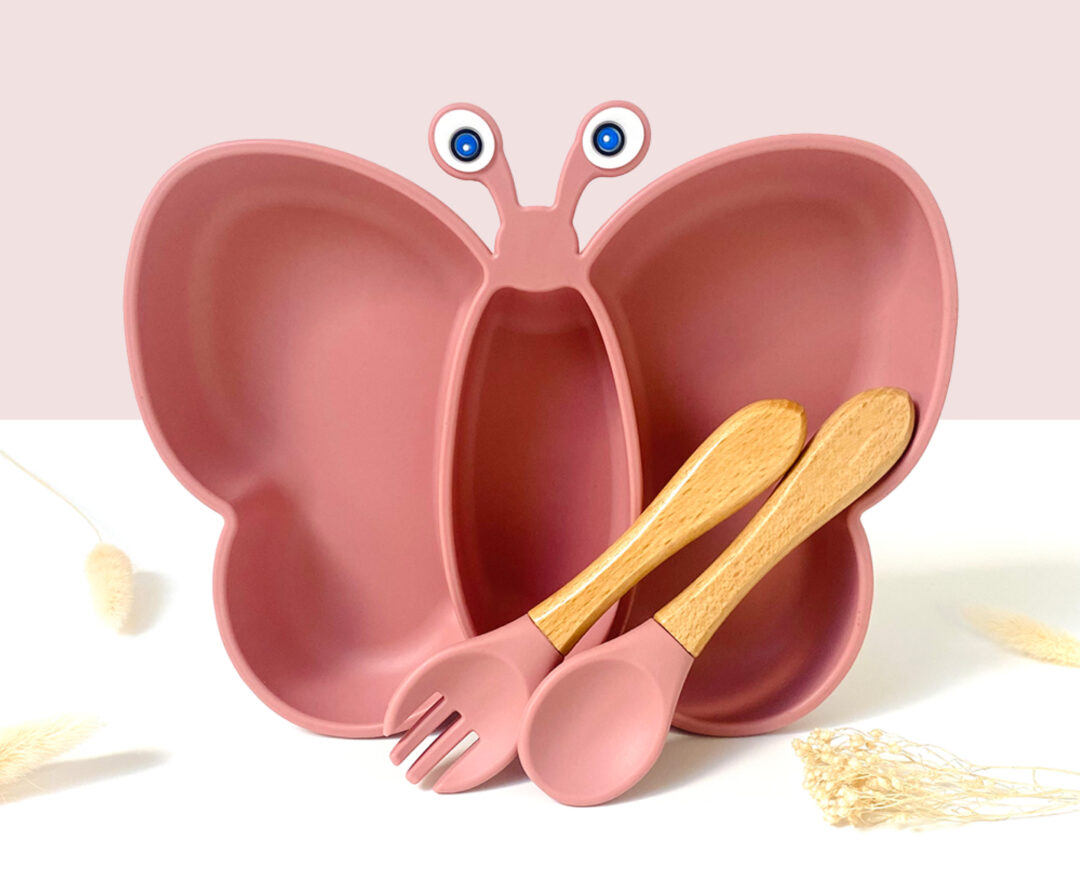 assiette papillon set repas rose assiette avec ventouse et couverts avec manche en bambou