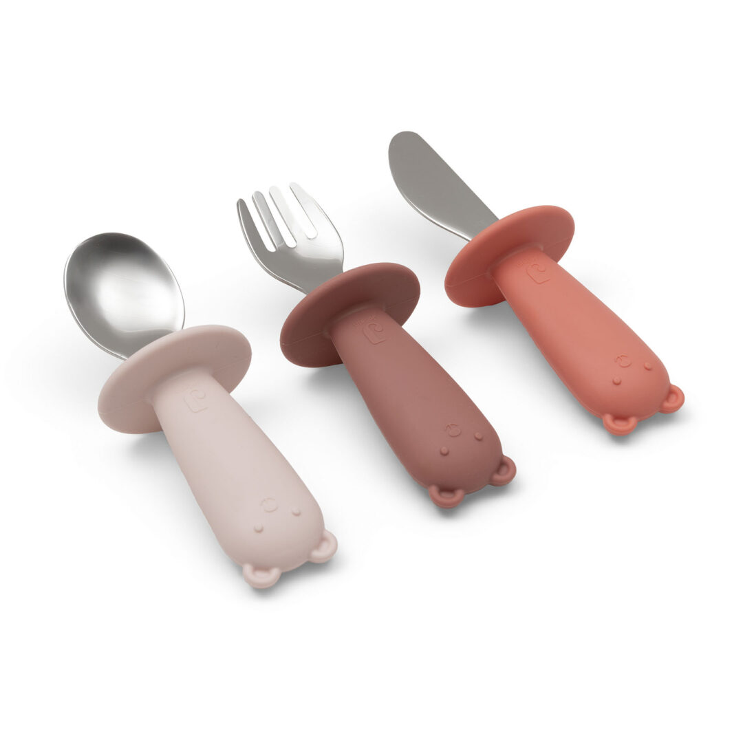 premiers couverts enfant oursons blush jollein en acier inoxydable et manches sécurisés en silicone alimentaire