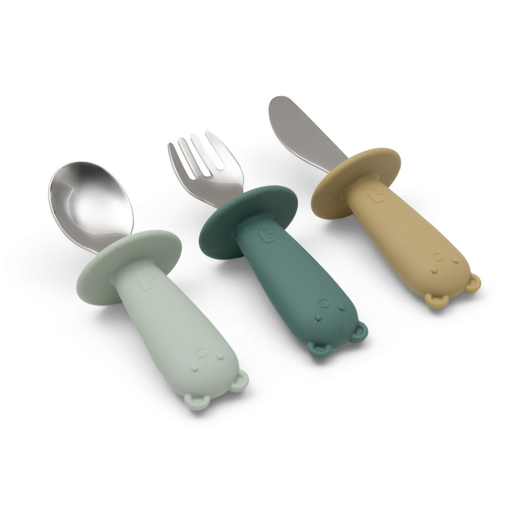 premiers couverts enfant oursons jade jollein en acier inoxydable et manches sécurisés en silicone alimentaire