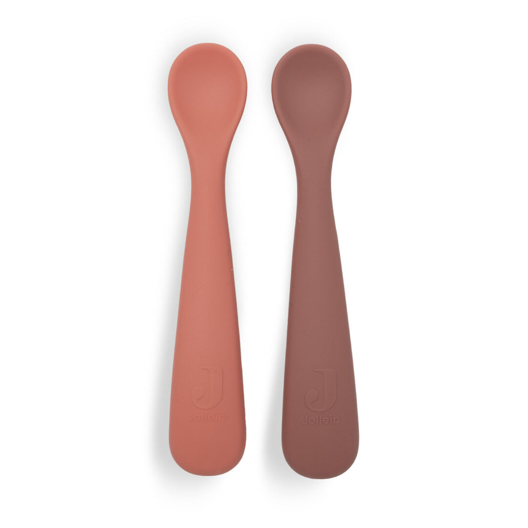 cuillères bébé en silicone lot de 2 cuillères blush rose jollein