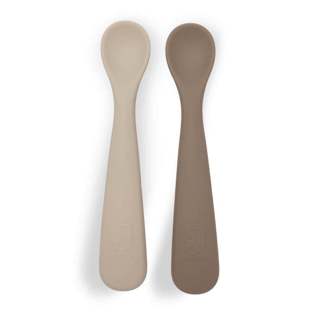cuillères bébé en silicone lot de 2 cuillères natural beige et taupe jollein