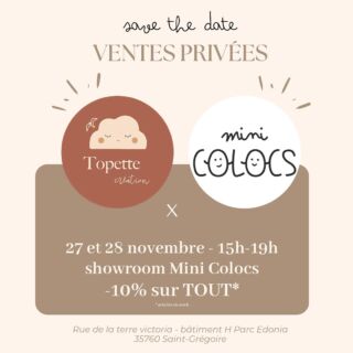 📅 SAVE THE DATE pour les rennaises et alentours, on refait une session ventes privées @topettecreation x @minicolocs au Showroom de Mini Colocs à @ville_de_saint_gregoire mercredi 27 et jeudi 28/11. L’occasion de faire vos petites emplettes de Noël à un tarif préférentiel (et de prendre le goûter aussi 🙊). 
Qui sera là ?

#ventesprivées #cadeauxdenoël #noël #kids #rennes #rennesmaville #rennes #rennesmetropole #saintgregoire